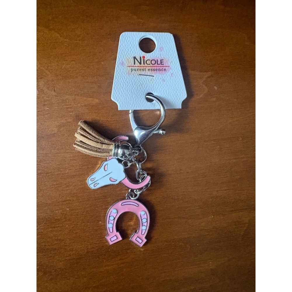 Nicole Purest‎ Essence Pink Enamel Horse Horseshoe Tassel Keychain Bag Charm NEW